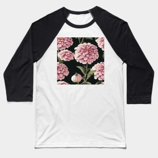 Pretty Pink Zinnia Flower Pattern on Black Background Baseball T-Shirt